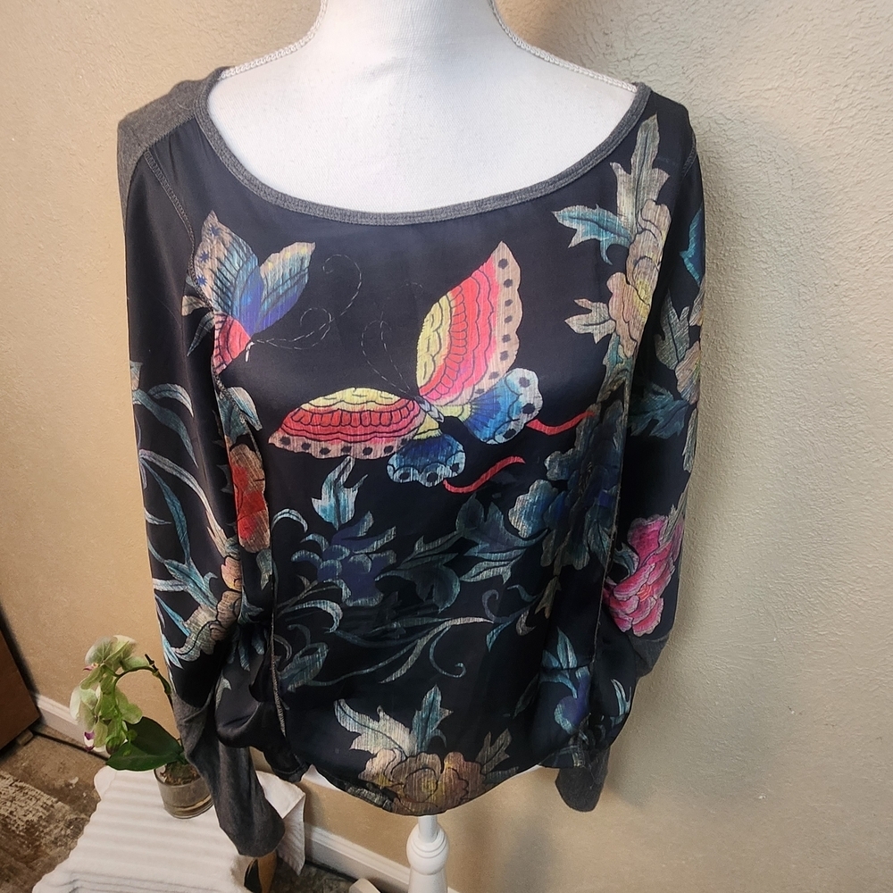Tiny Butterfly Print Cropped Oversize Blouse Small (5962)